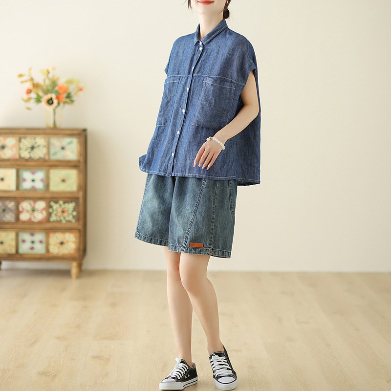 レディース シャツ ノースリーブ ゆったり デニム 夏 カジュアル 体型カバー 春夏 前開き 袖なし 切り替えデザイン 襟付き レギュラー ポリエステル