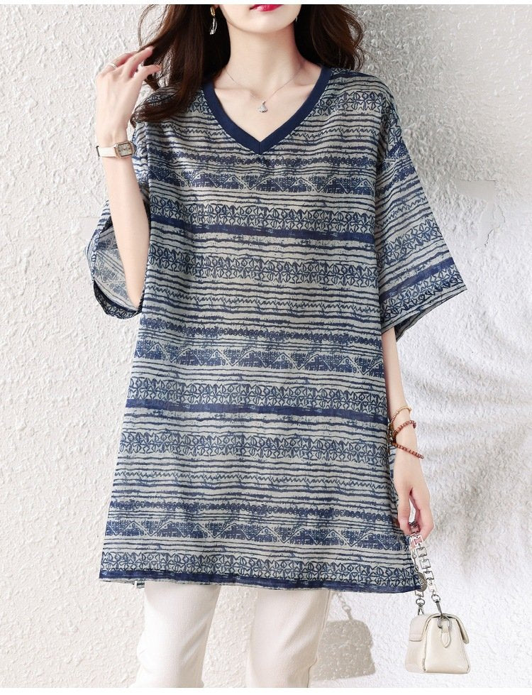 レディース トップス Tシャツ 半袖 プリント ゆったり 春夏 きれいめ 体型カバー 大きいサイズ Vネック 春 夏 上品 シャツ エスニック 襟付き レギュラー ポリエステル