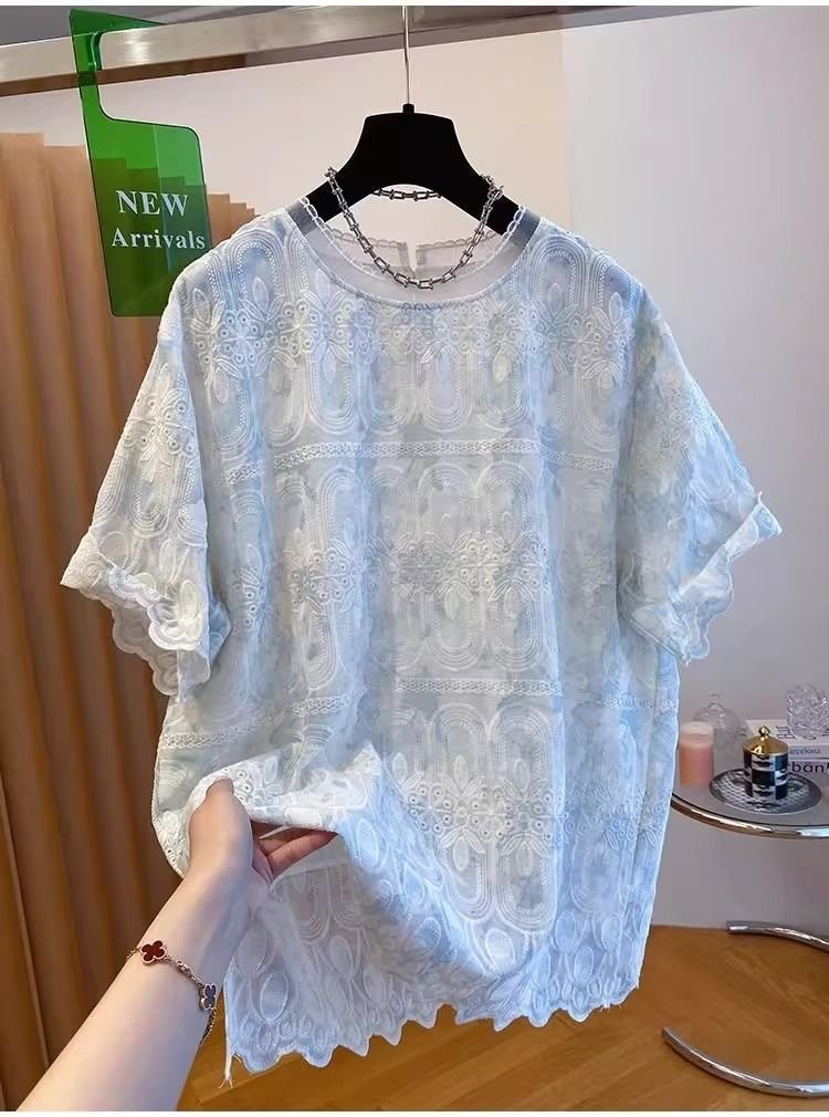 レディース Tシャツ 半袖 ゆったり コットン 綿 夏 秋冬 カジュアル 大きいサイズ 春夏 ラウンドネック 秋 レース 冬 刺繍 おしゃれ シャツ 上着