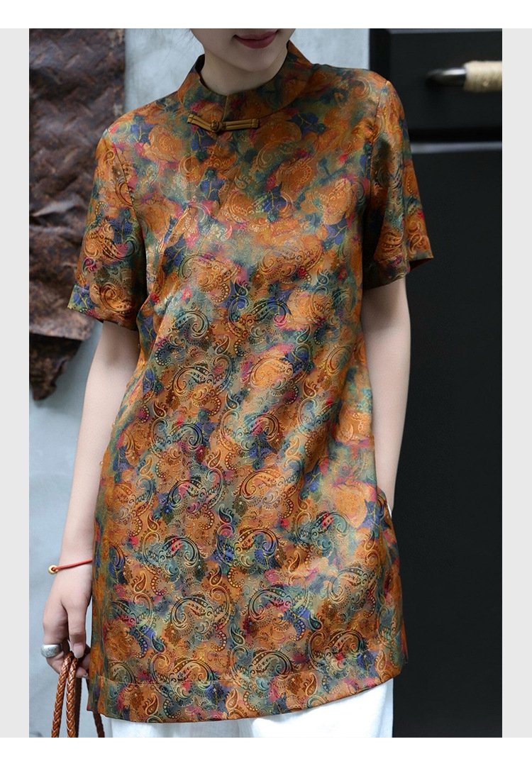 シャツ 半袖 春夏 きれいめ 前開き 春 夏 膝丈 上品 スリット スタンドカラー スーツ ポリエステル