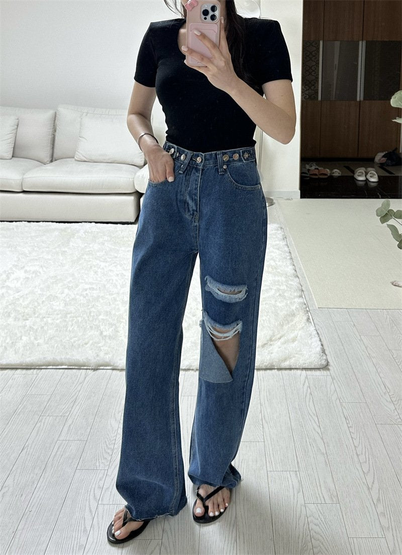 レディース パンツ ワイド コットン 綿 デニム 春夏 きれいめ 通勤 春 夏 ロング ストレート デニムパンツ ハイウエスト ヴィンテージ 都会的 ダメージ ウォッシュ