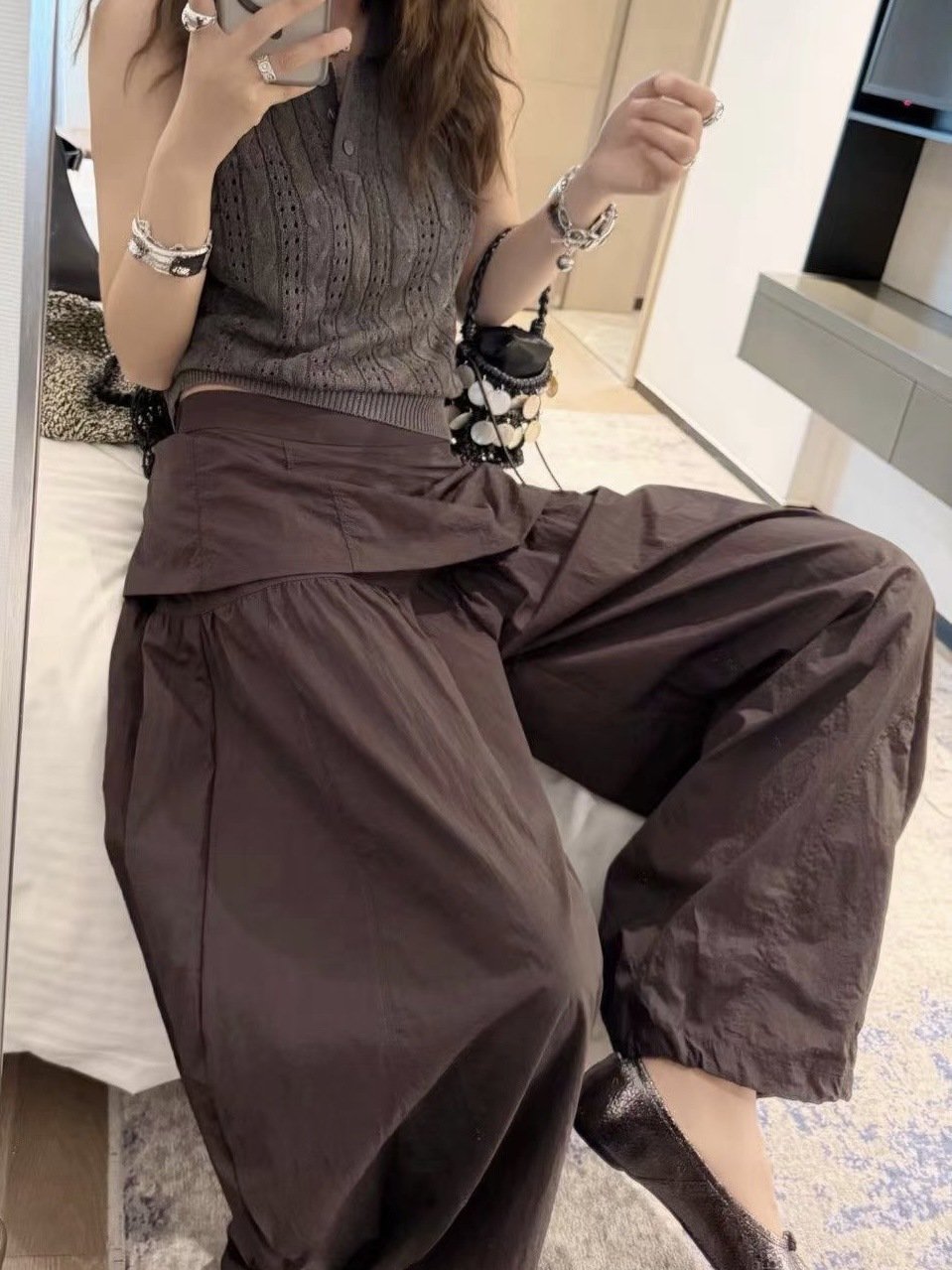 レディース パンツ ゆったり ワイド 春夏 カジュアル 春 2WAY 夏 ロング ブラウン ロングパンツ ハイウエスト 都会的 ポリエステル