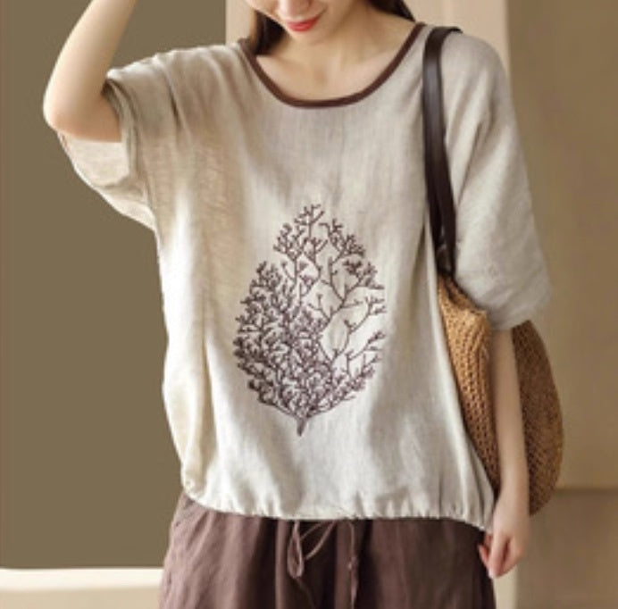 レディース トップス カットソー プルオーバー パイピング Tシャツ 半袖 ラウンドネック ストリート ハイウエスト ドロスト リネン 綿 コットン 麻 かわいい 大人可愛い きれいめ シンプル カジュアル おしゃれ レトロ プレッピー アクティブ ナチュラル リーフ ボタニカル 夏 お出かけ イベント リゾート 旅行 公園 女子会 休日 楽ちん 普段使い 着回し M L XL 2XL 3XL 4XL 小さいサイズ 大きいサイズ ビッグ ゆったり ゆる 茶色 ブラウン オフホワイト ベージュ オレンジ