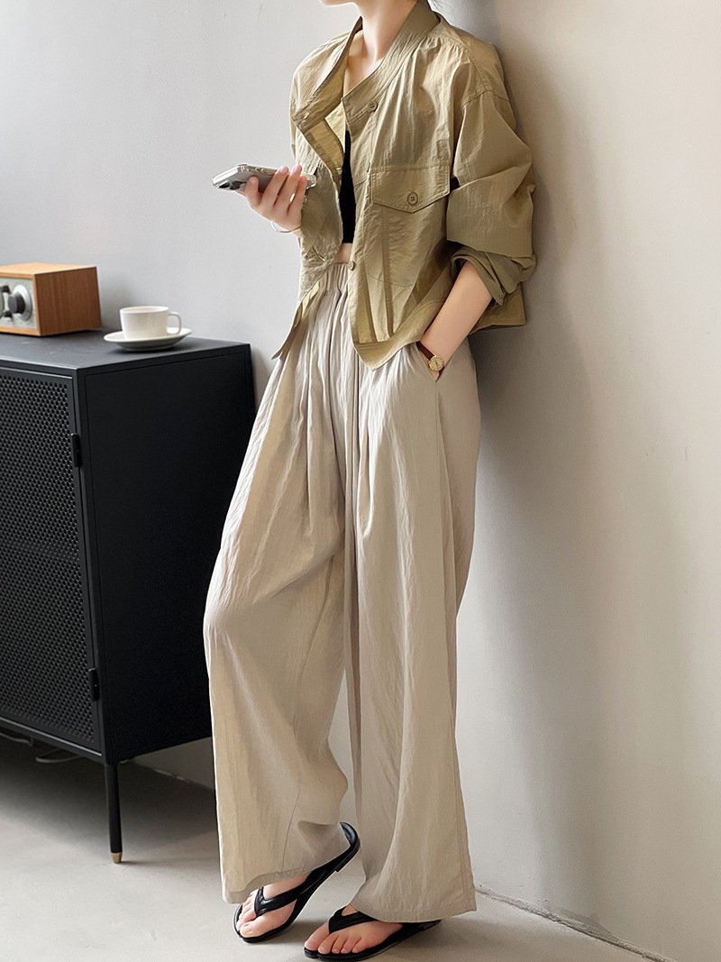 レディース シャツ コート 長袖 夏 韓国風 春夏 前開き ショート 薄手 スタンドカラー アウター ボタン ポリエステル
