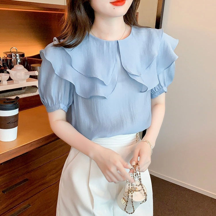 レディース トップス シャツ ブラウス 半袖 ボリューム袖 パフスリーブ フリルカラー ダブルカラー フェミニン シフォン かわいい 大人可愛い きれいめ シンプル 上品 おしゃれ ガーリー エレガント ラブリー キュート クラシカル ロマンティック 無地 春 夏 OL 通勤 デート お出かけ パーティー イベント レストラン 休日 ショッピング 普段使い 着回し 清楚 トレンド 流行 インスタ映え S M L XL 2XL 3XL 小さいサイズ 白 ホワイト オフホワイト ピンク 水色 ライトブルー