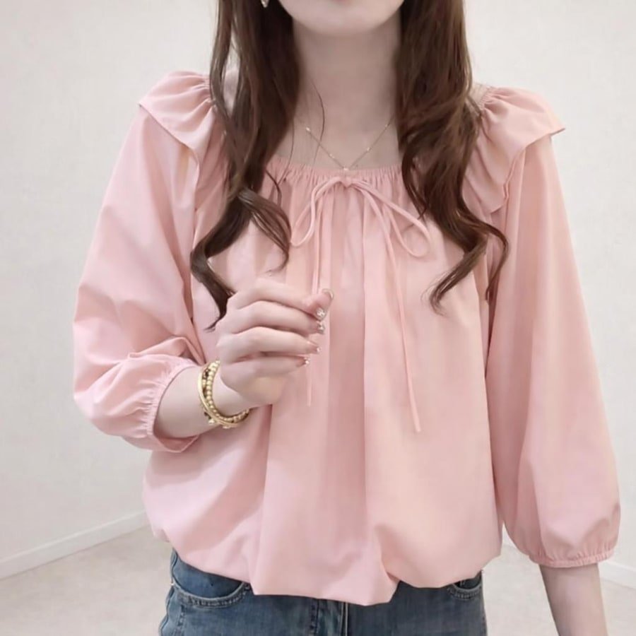 シャツ トップス 長袖 無地 春夏 カジュアル きれいめ 体型カバー 前開き 春 夏 膝丈 ラウンドネック レース 上品 フリル エレガント タイ ポリエステル