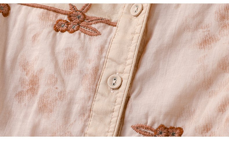 レディース シャツ 麻 春夏 前開き 春 夏 膝丈 ラウンドネック 刺繍 切り替えデザイン ボタン