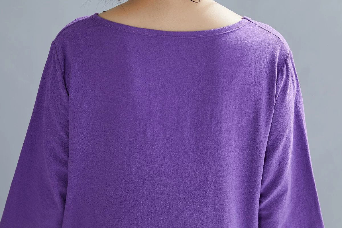 トップス 花柄 無地 春夏 きれいめ レトロ 春 夏 ラウンドネック 秋 シンプル 上品 ロング ステッチ ボタン ポリエステル