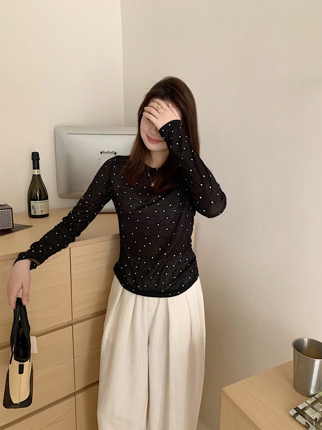 レディース Tシャツ 長袖 春夏 春 重ね着 夏 膝丈 ラウンドネック シャツ 透け感 ポリエステル ドット