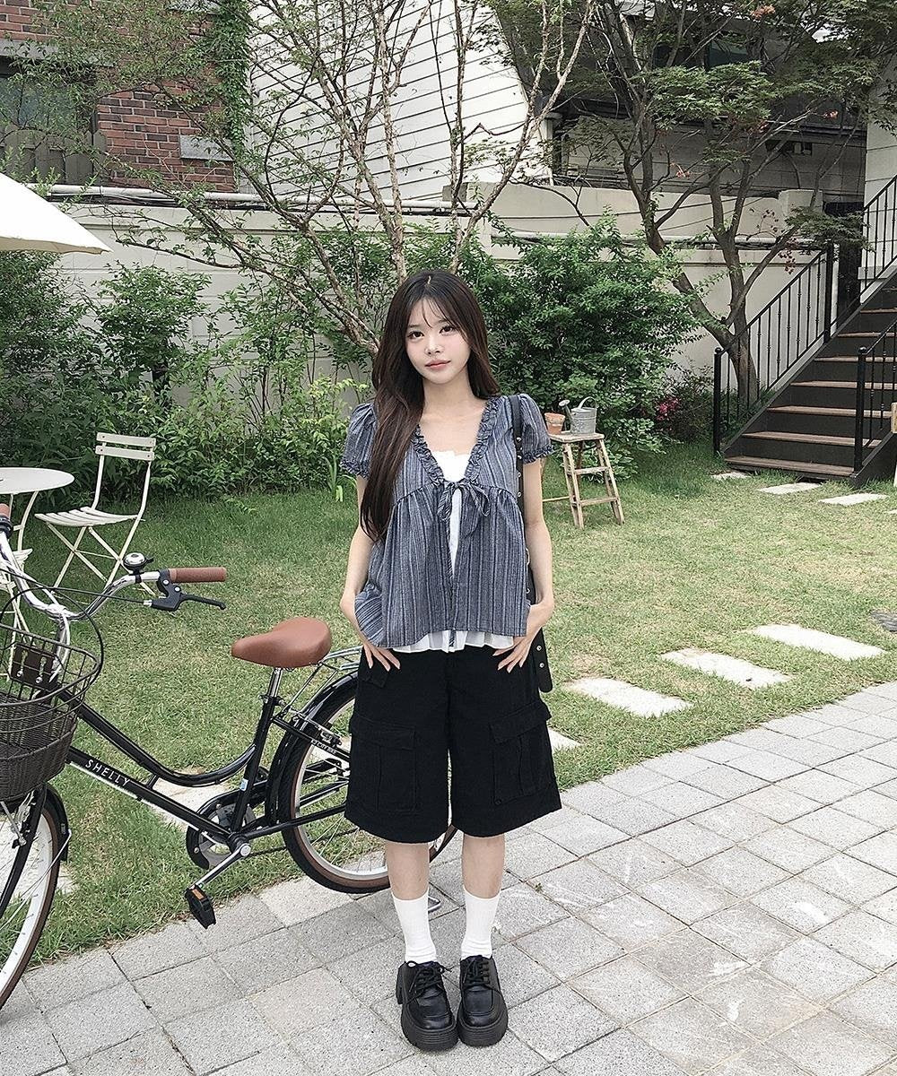 レディース シャツ トップス 半袖 ボーダー ストライプ 無地 ゆったり 春夏 きれいめ 体型カバー 韓国風 前開き Vネック 春 夏 シンプル 上品 リボン 切り替えデザイン プルオーバー レギュラー ポリエステル