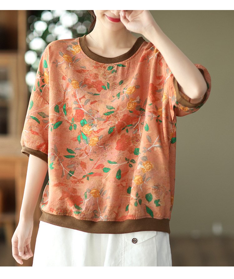 Tシャツ 半袖 プリント 麻 夏 レトロ 春夏 ラウンドネック シャツ レギュラー
