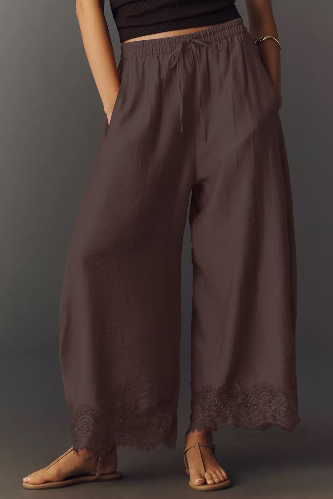 レディース パンツ ボーダー ストライプ ワイド 春夏 カジュアル 春 夏 レース ワイドパンツ 切り替えデザイン ウエストゴム