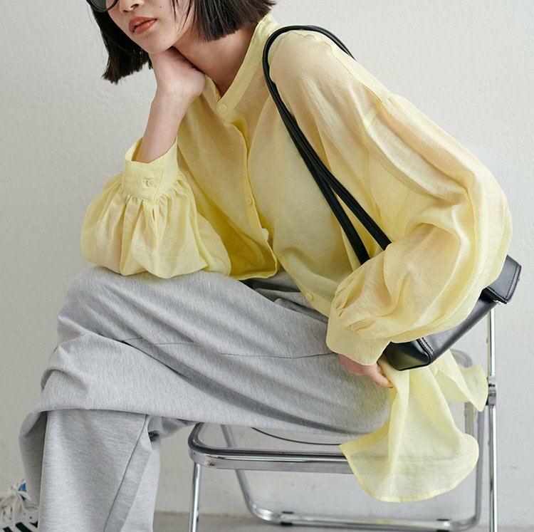 シャツ 長袖 春夏 きれいめ 前開き Vネック 春 夏 上品 薄手 タイ シアー アウター ポリエステル 柔らかい