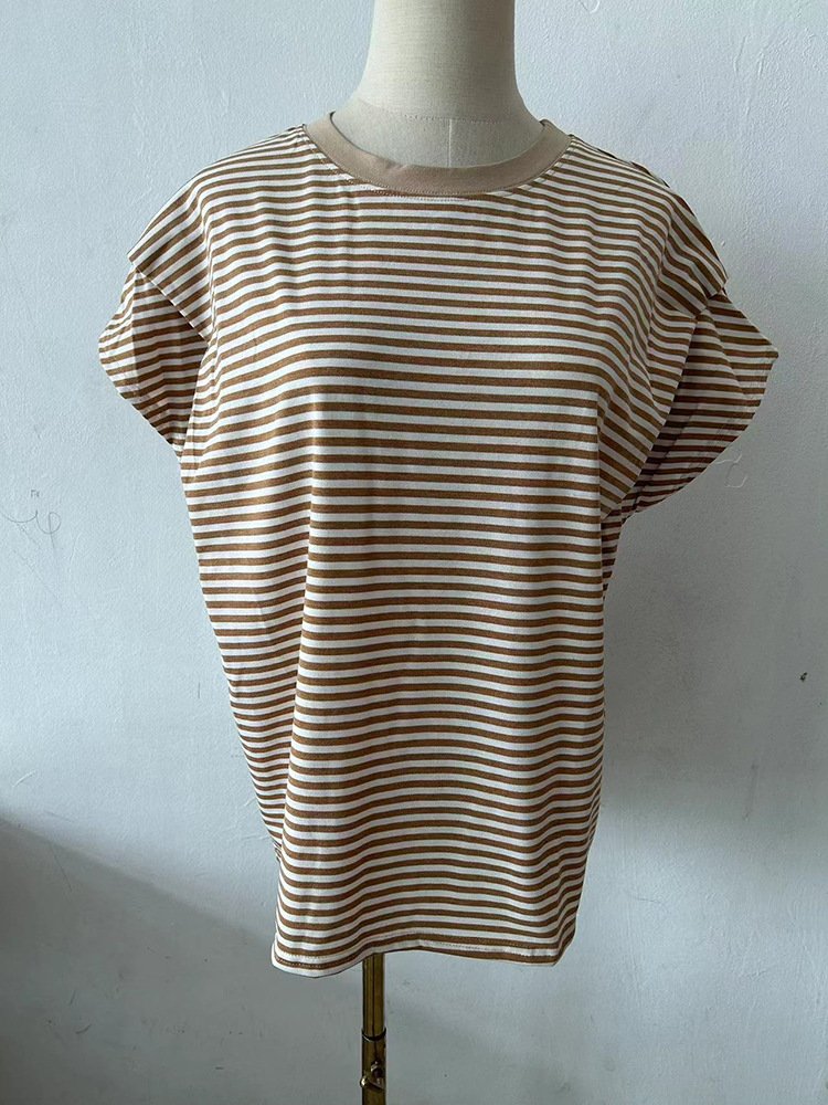 レディース トップス Tシャツ ニット 半袖 ボーダー ストライプ チェック柄 ゆったり コットン 綿 夏 体型カバー 春夏 膝丈 ラウンドネック シャツ