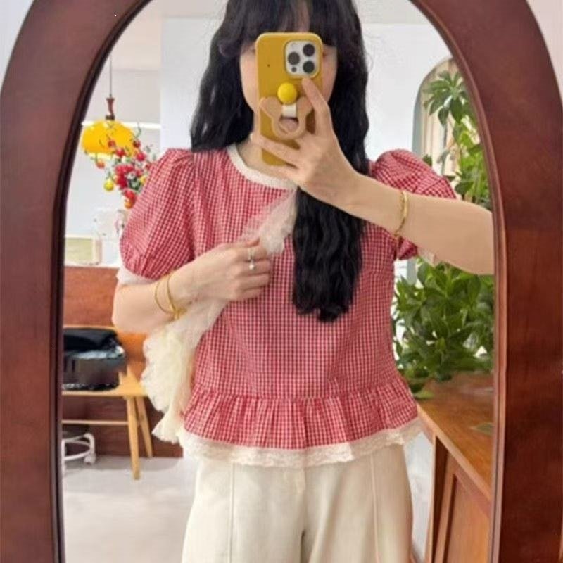 レディース シャツ トップス 半袖 チェック柄 花柄 春夏 きれいめ おしゃれ 前開き Vネック 春 夏 レース 上品 プルオーバー