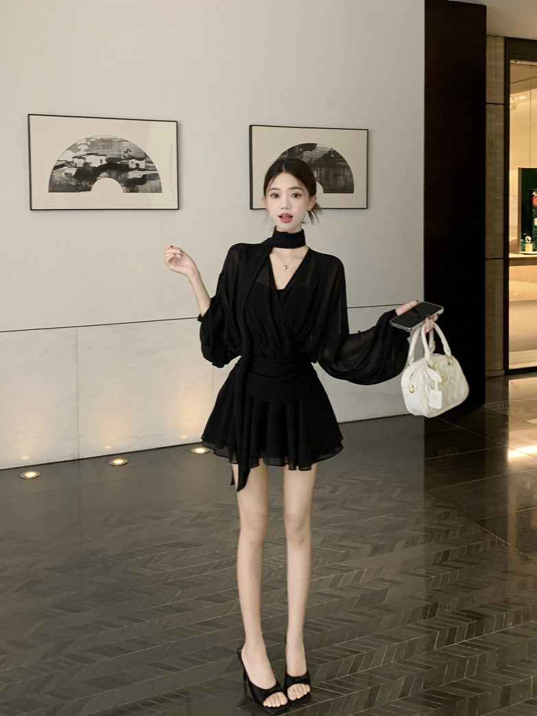 ワンピース 半袖 長袖 春夏 きれいめ 通勤 Vネック プリーツ 春 ショート 夏 黒 シフォン 脚長 Aライン セクシー
