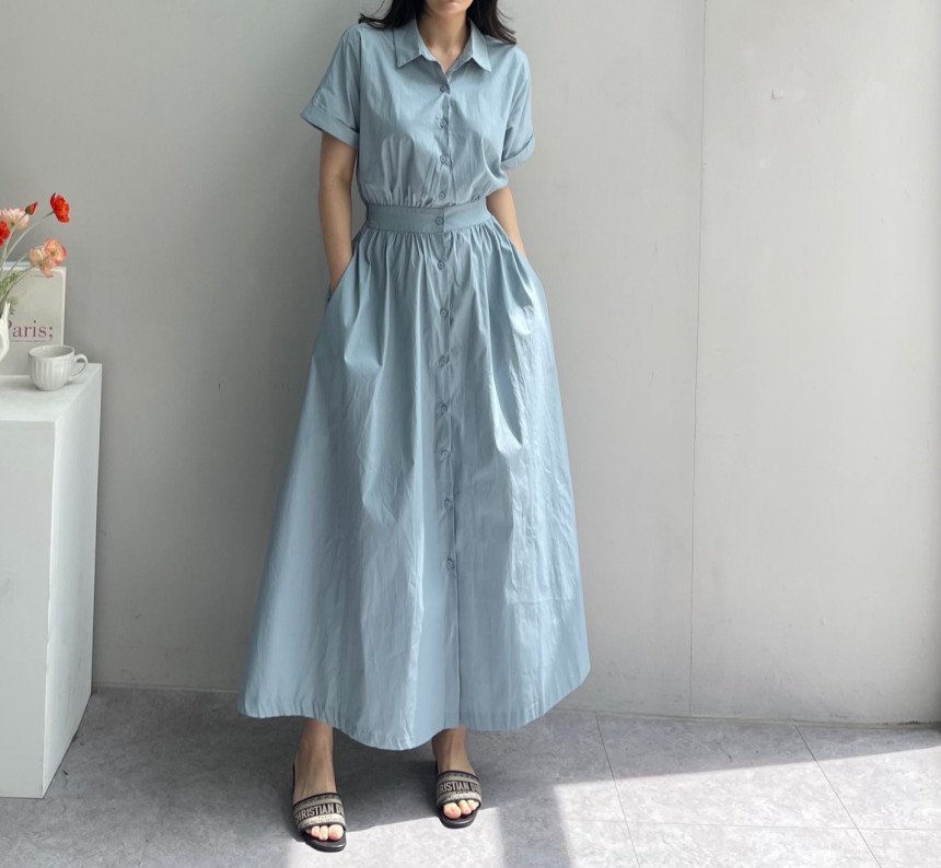 ワンピース 半袖 無地 スリム 春夏 韓国ファッション 春 夏 シンプル ロング 襟付き ハイウエスト
