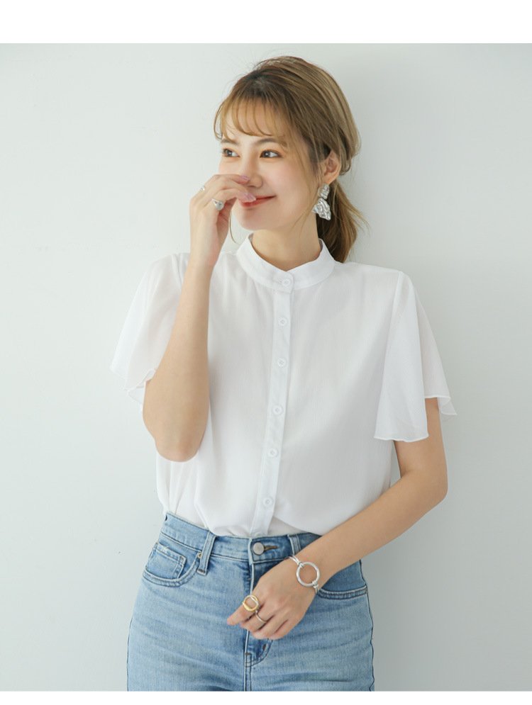 レディース ブラウス シャツ 半袖 無地 ゆったり 夏 きれいめ 通勤 春夏 前開き Vネック シンプル 上品 シフォン 切り替えデザイン シフォンブラウス ポリエステル 立ち襟