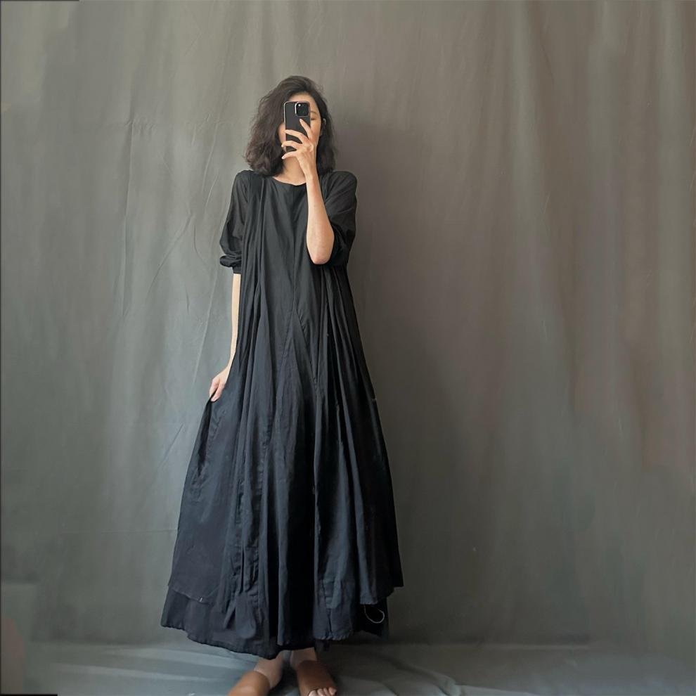 ワンピース 長袖 春夏 カジュアル 体型カバー ミニ 春 夏 ラウンドネック シンプル ロング 薄手 切り替えデザイン