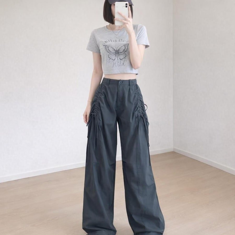レディース パンツ ワイド カジュアル レトロ ストレート ワークパンツ 切り替えデザイン ストリート ポリエステル