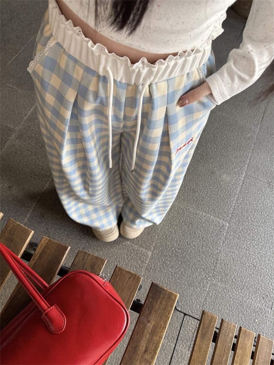 レディース パンツ チェック柄 ゆったり ワイド 春夏 カジュアル 春 夏 レース ロング ストレート ロングパンツ ワイドパンツ 薄手 切り替えデザイン ブルー ハイウエスト ポリエステル