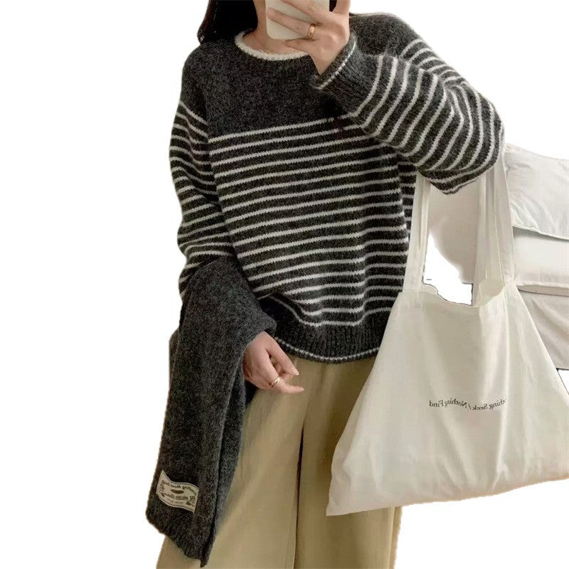 レディース トップス ニット 長袖 ボーダー ストライプ チェック柄 ゆったり 秋冬 秋 体型カバー ミニ 膝丈 ラウンドネック 冬 暖かい 切り替えデザイン セーター プルオーバー スカーフ フェミニン 配色