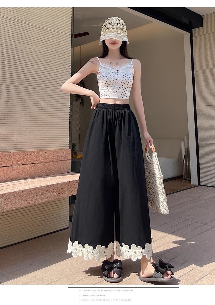 レディース パンツ 花柄 ゆったり ワイド 春夏 カジュアル きれいめ 春 夏 レース ブラック 上品 ロング ワイドパンツ ストレッチ ポリエステル 森ガール