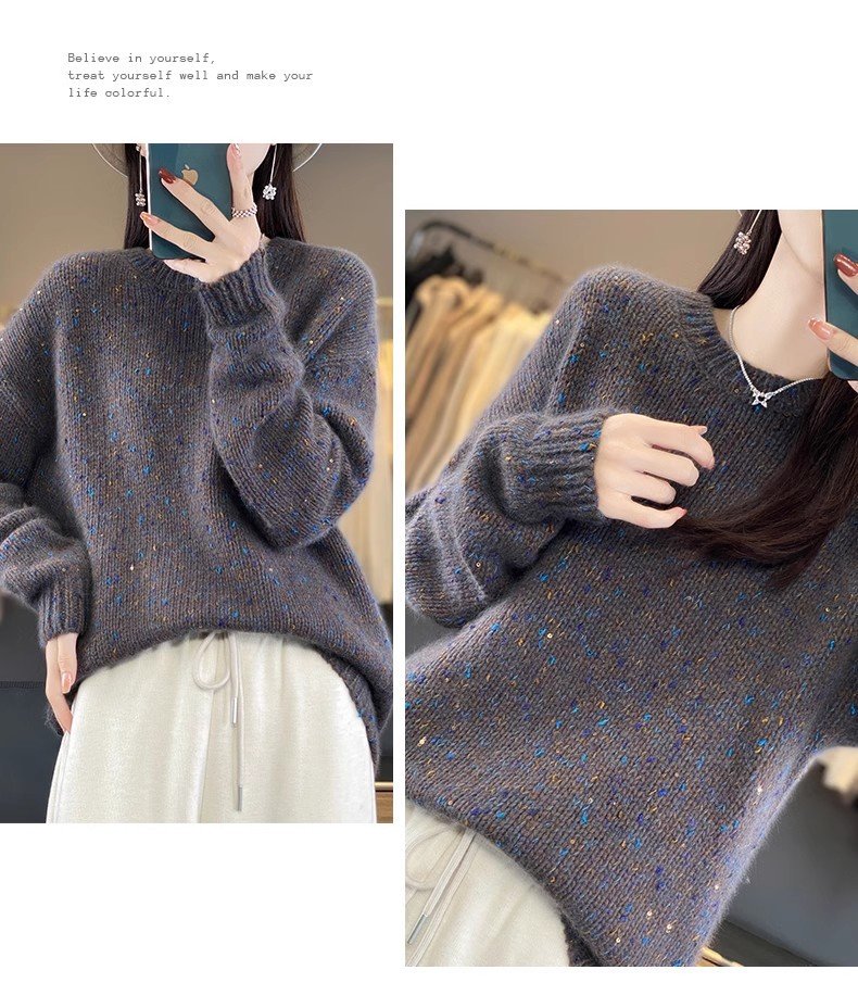 レディース トップス ニット 長袖 ゆったり 秋冬 秋 きれいめ 通勤 体型カバー 大きいサイズ 膝丈 ラウンドネック 冬 ウール セーター プルオーバー スパンコール インナー ポリエステル