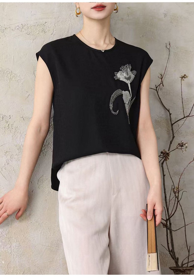 レディース シャツ トップス Tシャツ ノースリーブ ゆったり スリム 春夏 前開き 袖なし 春 夏 膝丈 ラウンドネック 切り替えデザイン ポリエステル レディースシャツ