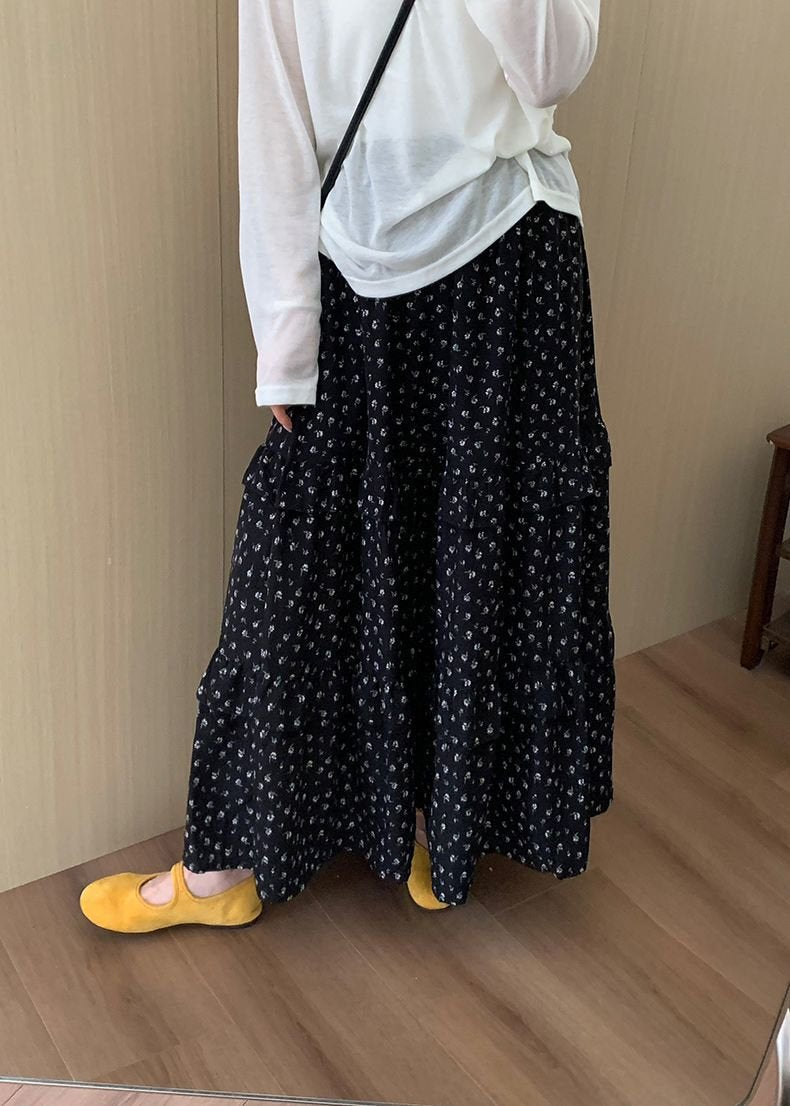 レディース スカート 花柄 スリム 春夏 ボトムス 春 夏 ブラック ロング Aライン ハイウエスト タイ