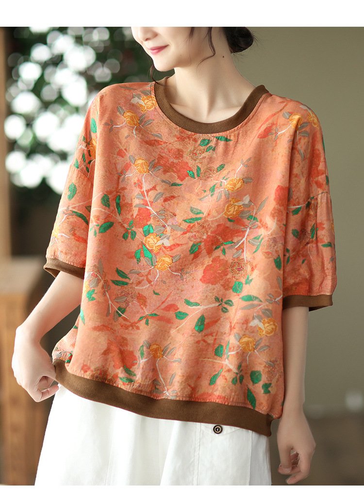 Tシャツ 半袖 プリント 麻 夏 レトロ 春夏 ラウンドネック シャツ レギュラー