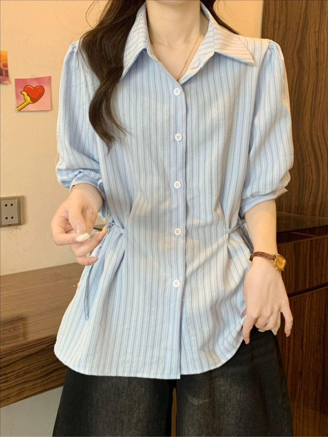 レディース シャツ トップス 半袖 ボーダー ストライプ スリム 春夏 きれいめ 通勤 大きいサイズ 前開き 春 夏 ロング 襟付き ブルー タイ ボタン ポリエステル