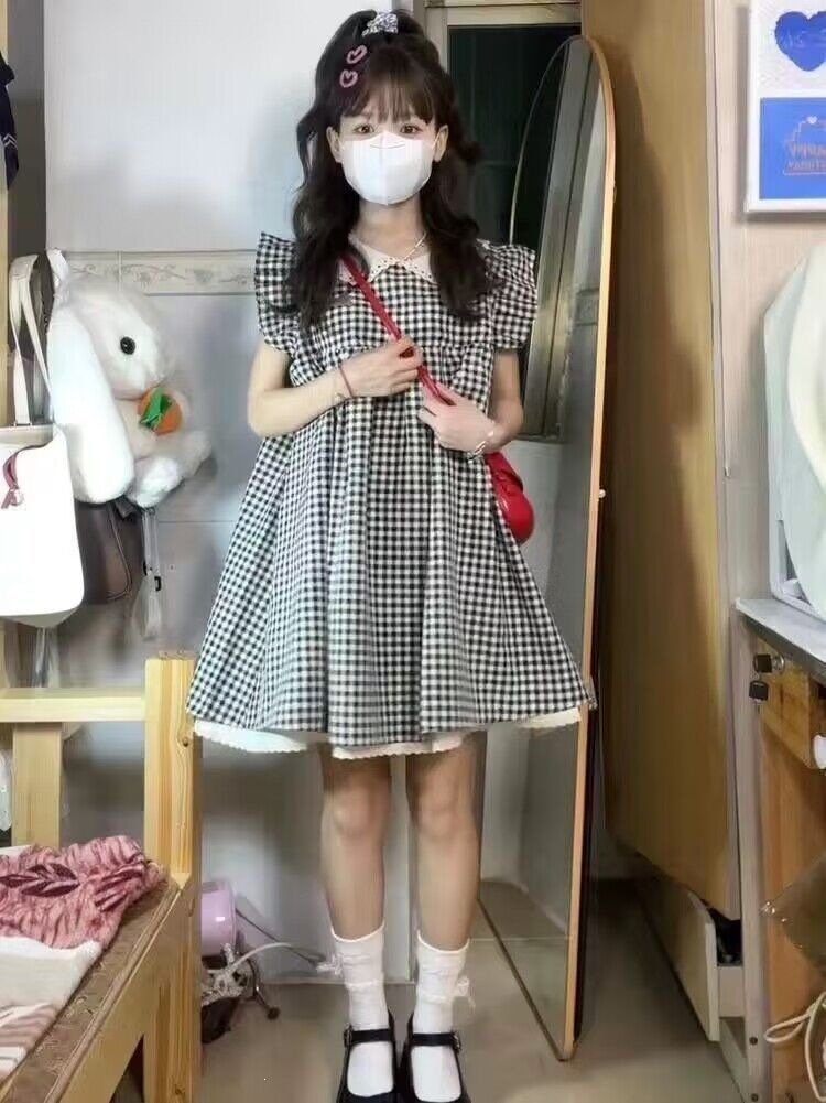 ワンピース ノースリーブ チェック柄 春夏 袖なし 春 ショート 夏 タイト フリル 細身 Aライン