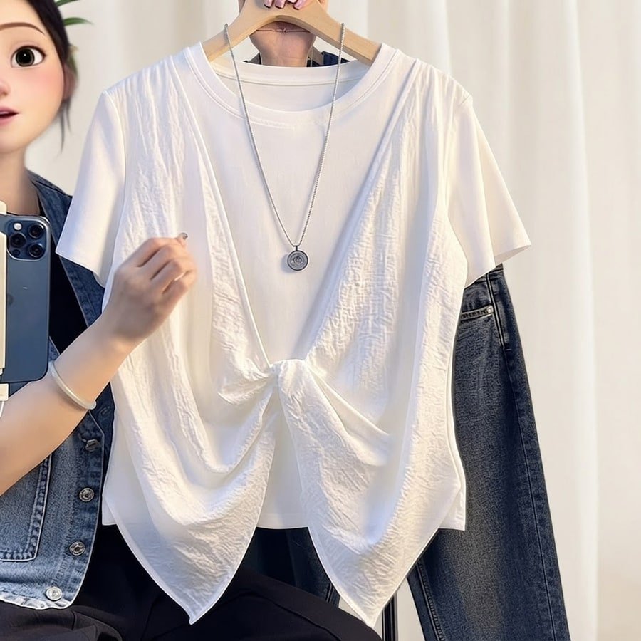 レディース Tシャツ 半袖 ゆったり コットン 綿 春夏 カジュアル 体型カバー 春 夏 ラウンドネック シャツ 切り替えデザイン レイヤード タイ レギュラー