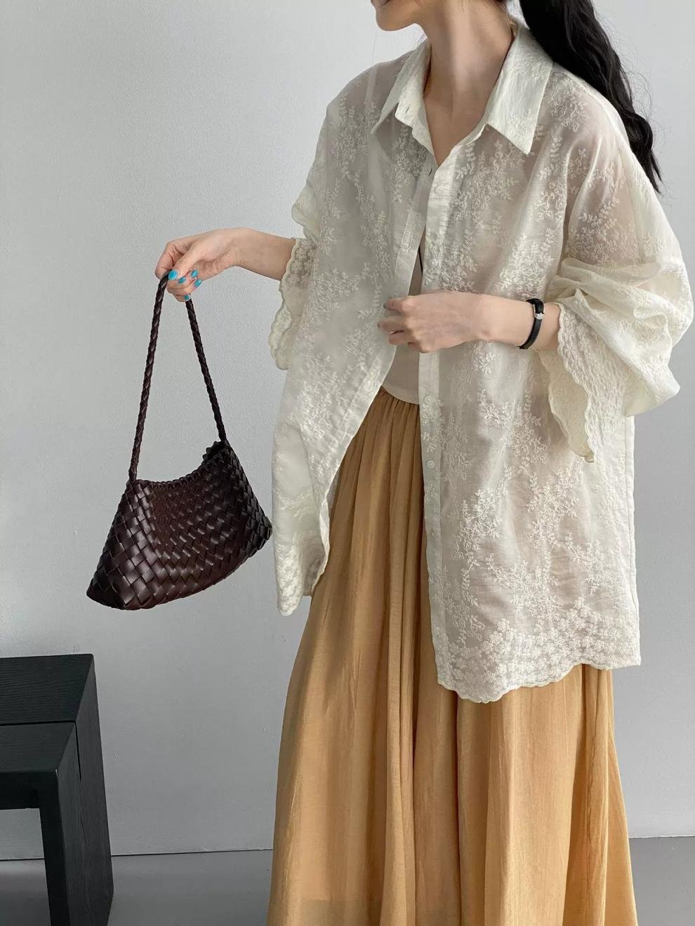 レディース シャツ ジャケット 長袖 無地 ゆったり コットン 綿 春夏 体型カバー 前開き 春 夏 膝丈 レース シンプル 刺繍 レースアップ ボタン ポリエステル UVカット
