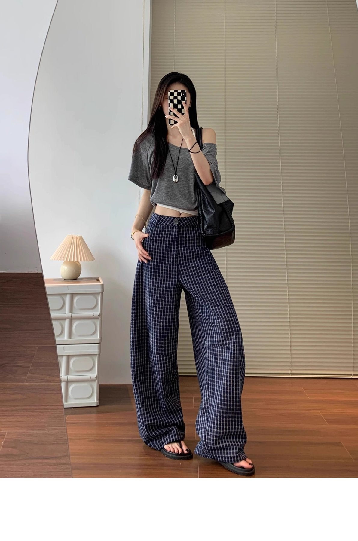 レディース パンツ チェック柄 ゆったり ワイド コットン 綿 春夏 カジュアル 春 夏 ロング 薄手 海 ハイウエスト