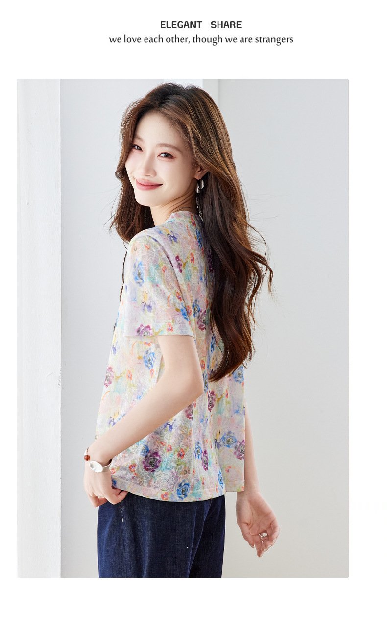 レディース トップス Tシャツ 半袖 花柄 ゆったり スリム 春夏 きれいめ おしゃれ 春 夏 膝丈 ラウンドネック 上品 クルーネック シャツ ラフ