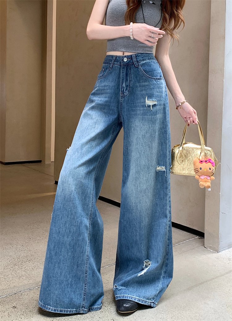 レディース パンツ ゆったり ワイド コットン 綿 デニム 春夏 カジュアル 春 夏 ロング デニムパンツ ブルー ハイウエスト ストレッチ ダメージ