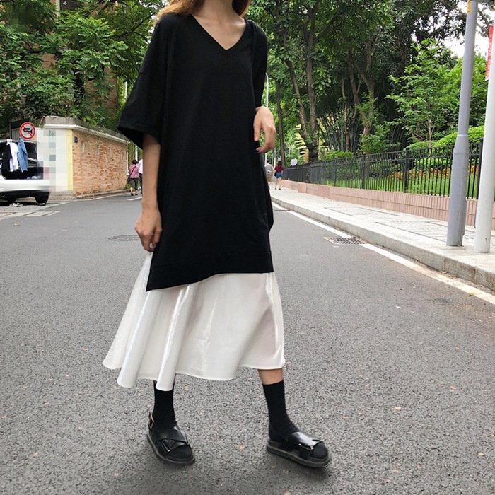 ワンピース 半袖 長袖 無地 春夏 カジュアル 体型カバー Vネック 春 夏 黒 シンプル ロング Aライン ハイウエスト