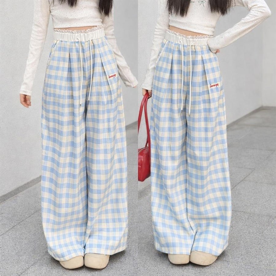 レディース パンツ チェック柄 ゆったり ワイド 春夏 カジュアル 春 夏 レース ロング ストレート ロングパンツ ワイドパンツ 薄手 切り替えデザイン ブルー ハイウエスト ポリエステル