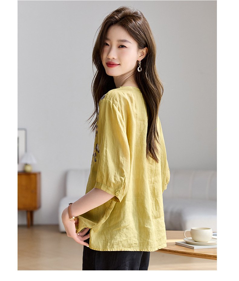 レディース シャツ トップス Tシャツ 半袖 ゆったり リネン 春夏 体型カバー 前開き Vネック 春 夏 膝丈 ママ 刺繍 切り替えデザイン プルオーバー