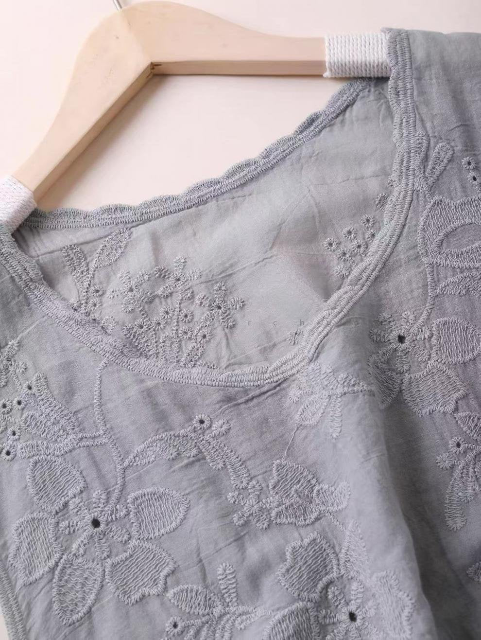 Tシャツ ノースリーブ 無地 ゆったり 春夏 きれいめ レトロ 通勤 体型カバー 春 夏 膝丈 シンプル 刺繍 シャツ ポリエステル 快適