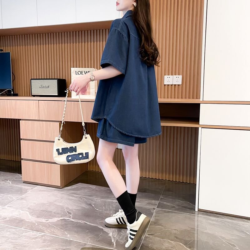 シャツ パンツ ゆったり デニム 春夏 カジュアル 大きいサイズ 前開き 春 夏 ハーフ セットアップ ポリエステル