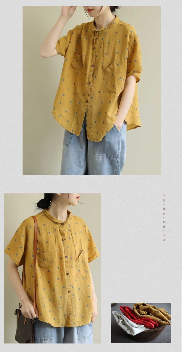 レディース シャツ トップス 半袖 ドット柄 ゆったり コットン 綿 リネン 春夏 体型カバー 大きいサイズ 前開き 春 夏 ボタン ポリエステル ドット