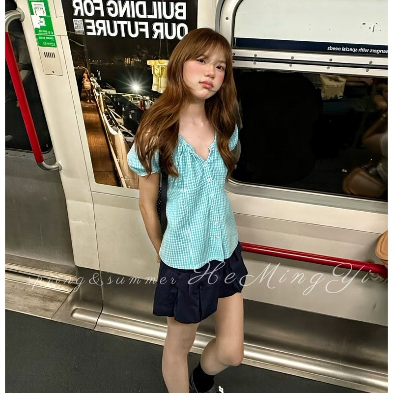 シャツ トップス 半袖 チェック柄 スリム 春夏 きれいめ レトロ 前開き Vネック 春 夏 上品 ポリエステル