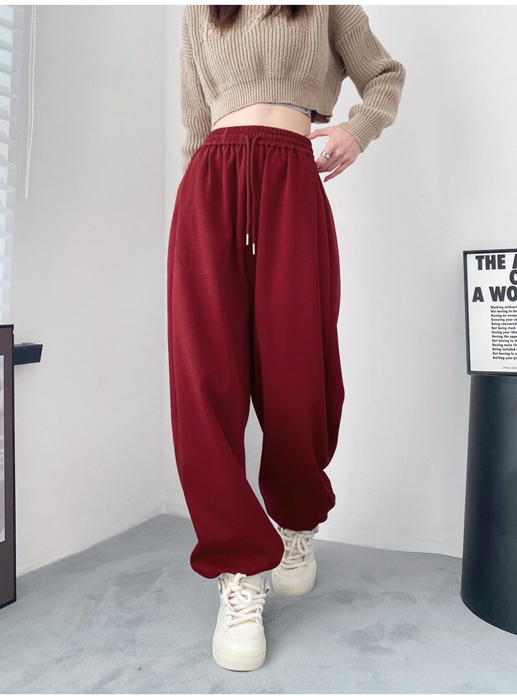 レディース パンツ ゆったり スリム 春 秋 カジュアル アメリカン 大きいサイズ ボトムス レッド ワインレッド レギンス タイ