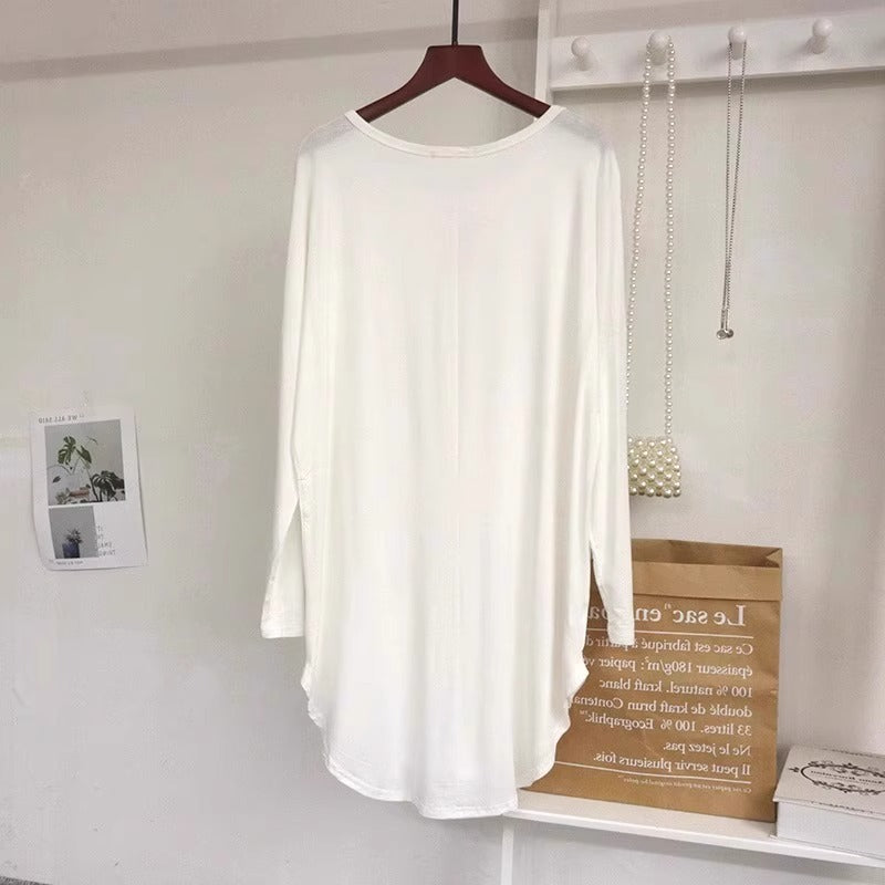 ラウンドヘム レディース トップス ルームウェア ロンT プルオーバー チュニック 部屋着 ミディアム Tシャツ 丈長 ミドル丈 長袖 ドロップショルダー ラウンドネック ワイド オーバーサイズ アメカジ かわいい シンプル カジュアル こなれ感 ルーズ ベーシック 無地 春 夏 ママ 学生 学校 通学 お出かけ 旅行 公園 女子会 休日 ショッピング カフェ お家時間 体型カバー 普段使い 着回し M L XL 2XL 3XL 4XL 5XL 大きいサイズ ゆったり ゆる ホワイト ブラック グレー