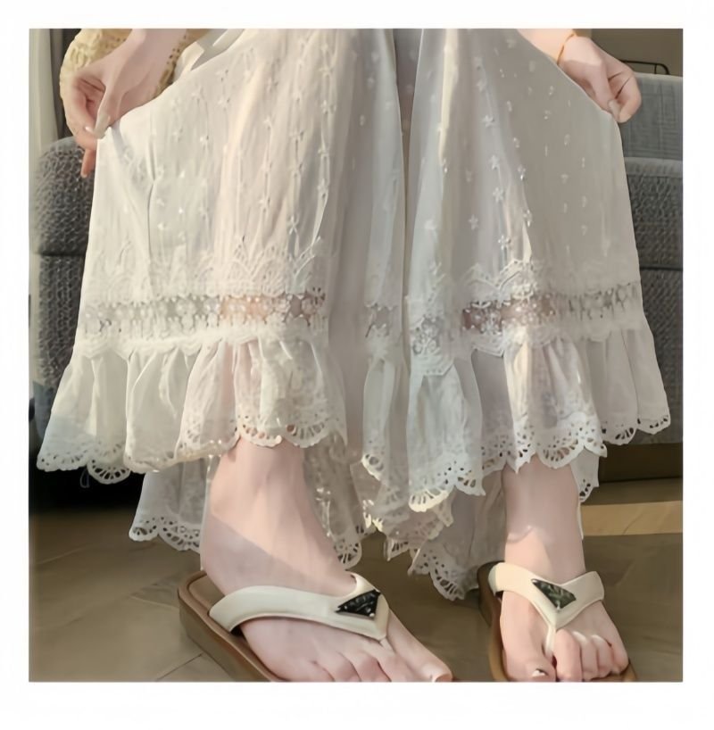 レディース パンツ ワイド スリム 春夏 カジュアル 春 白 夏 レース 刺繍 ストレート ワイドパンツ 薄手 切り替えデザイン ハイウエスト ポリエステル