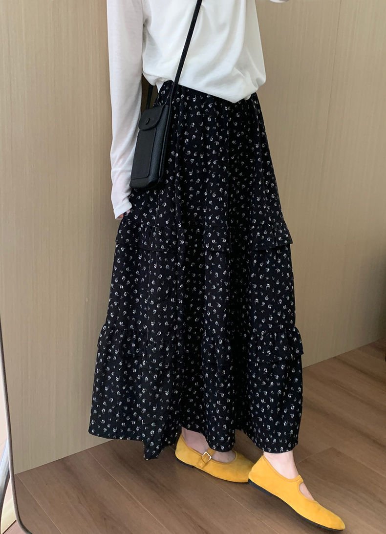 レディース スカート 花柄 スリム 春夏 ボトムス 春 夏 ブラック ロング Aライン ハイウエスト タイ