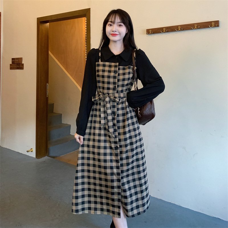 ワンピース 長袖 チェック柄 春 秋 レトロ 春夏 ぽっちゃり 襟付き